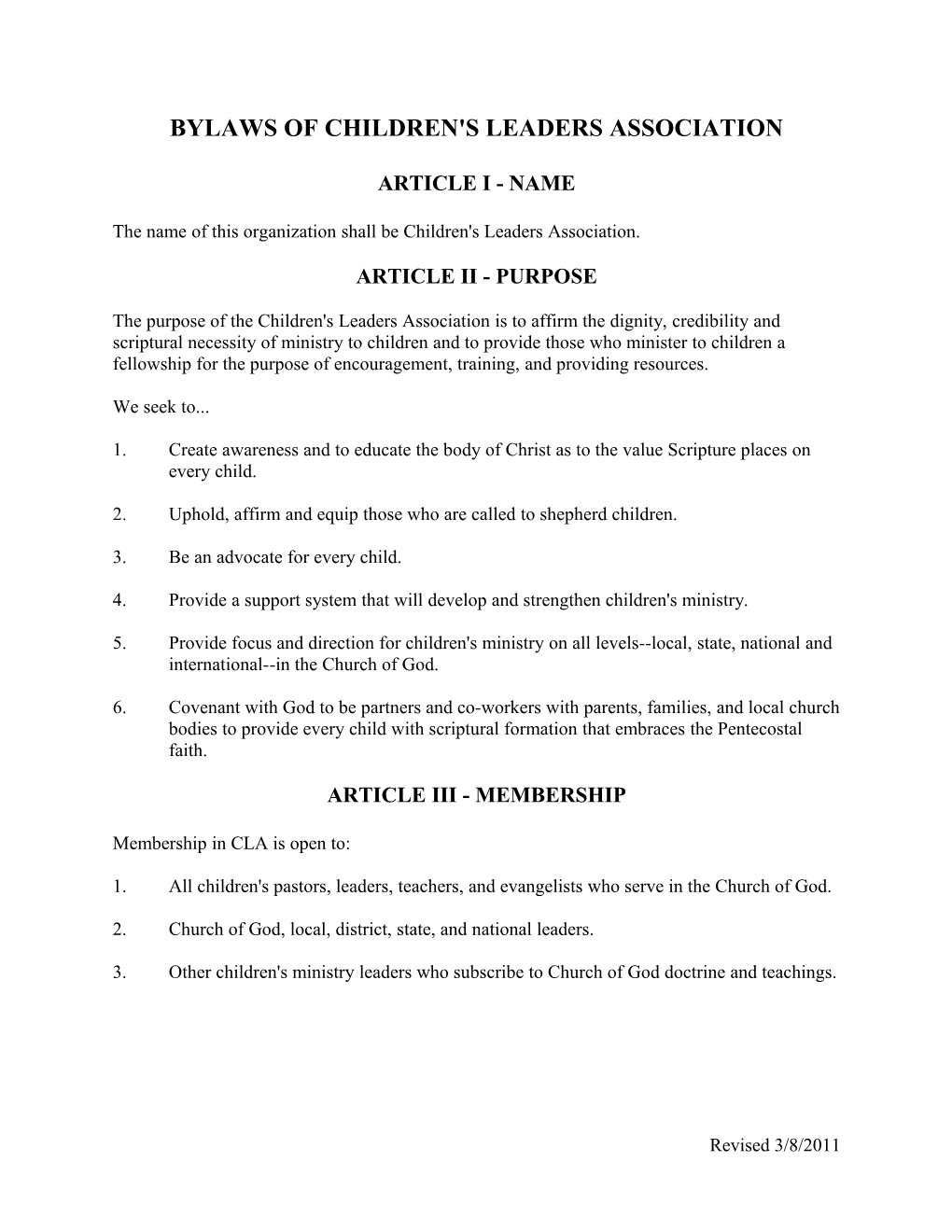 Bylaws of National Children's Leaders Association