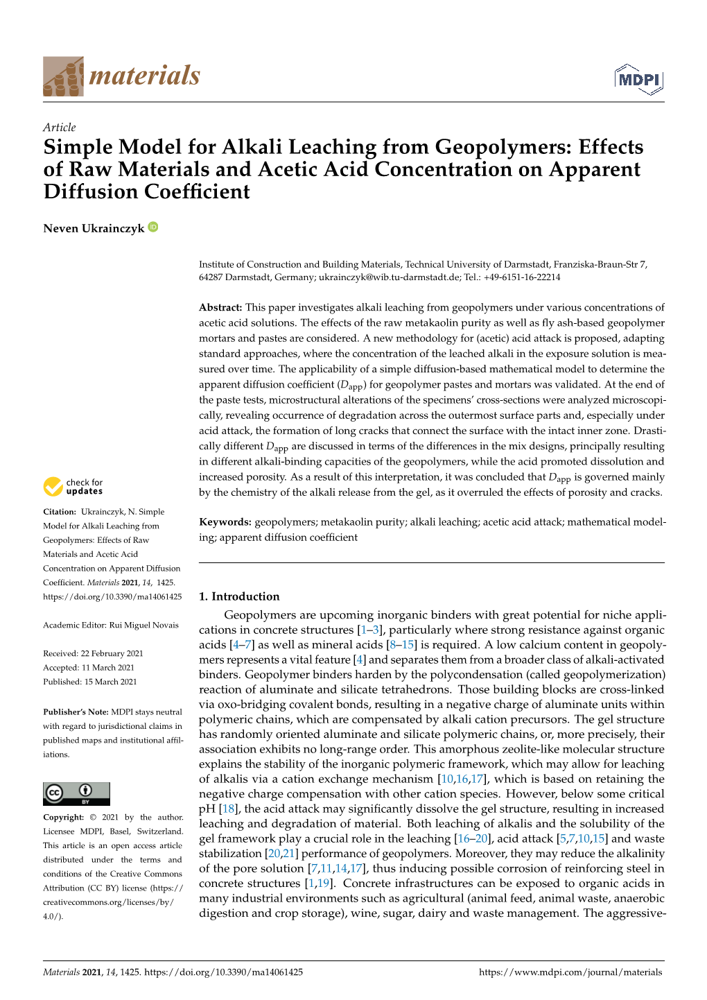 Simple Model for Alkali Leaching from Geopolymers: Effects of Raw Materials and Acetic Acid Concentration on Apparent Diffusion Coefﬁcient