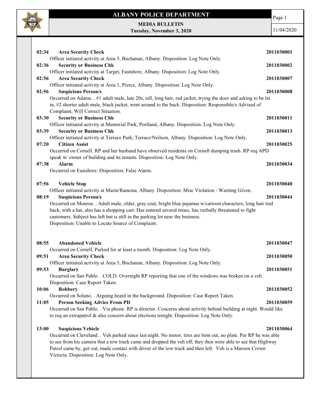 ALBANY POLICE DEPARTMENT Page 1 MEDIA BULLETIN Tuesday, November 3, 2020 11/04/2020