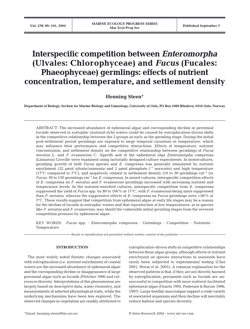 Interspecific Competition Between Enteromorpha