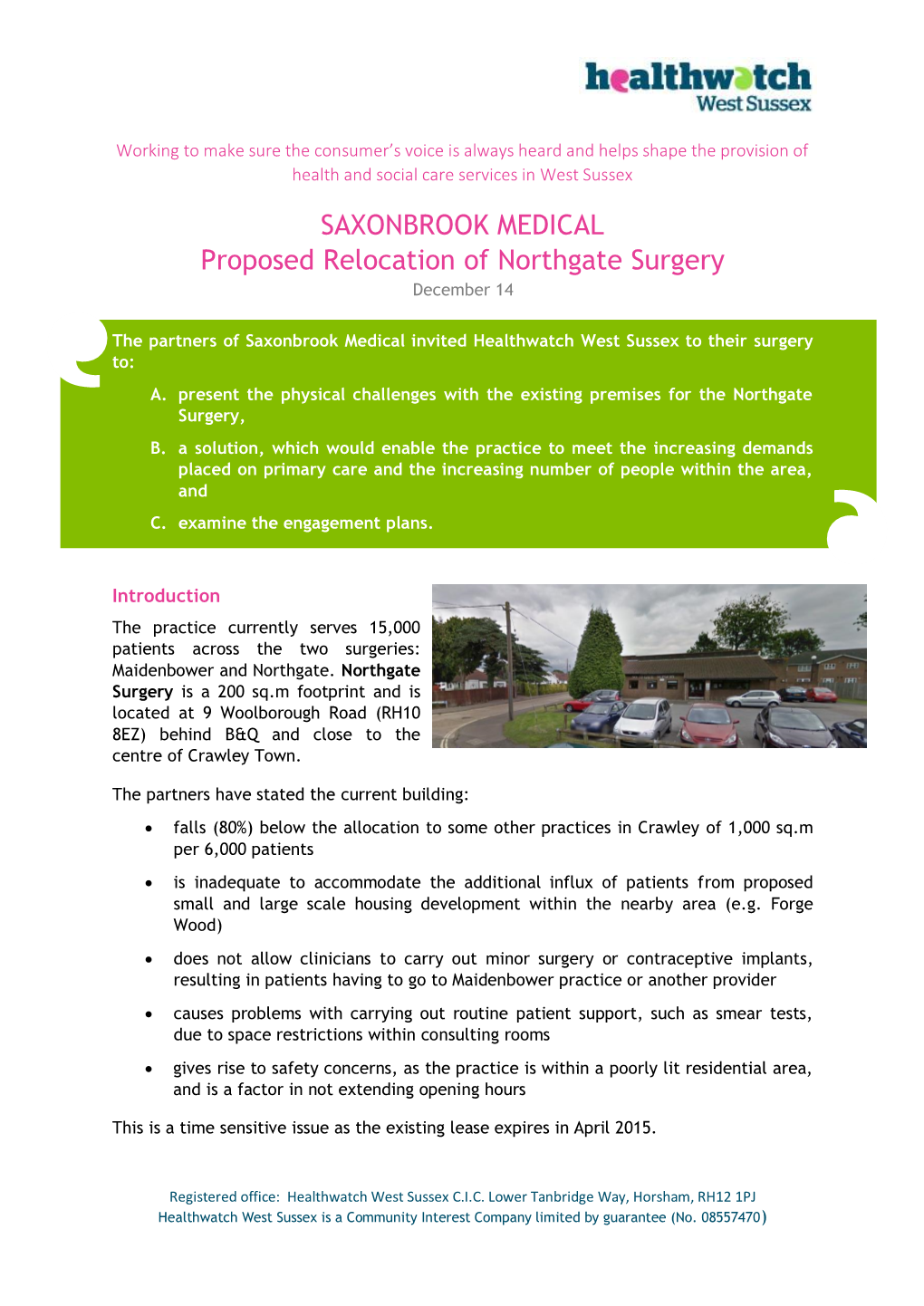 SAXONBROOK MEDICAL Proposed Relocation of Northgate Surgery December 14