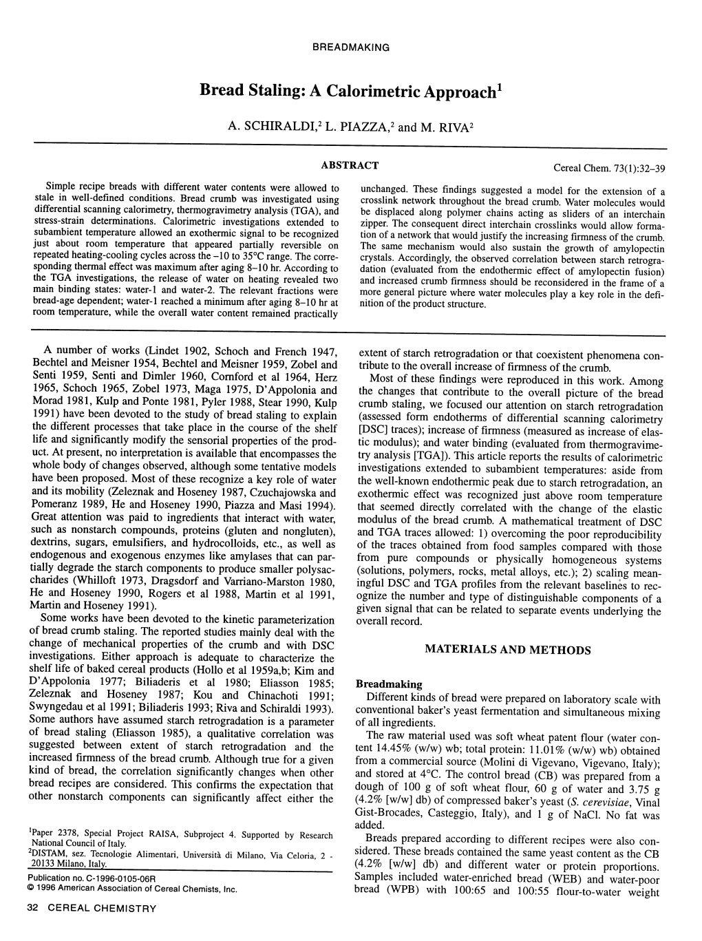 Bread Staling: a Calorimetric Approach1