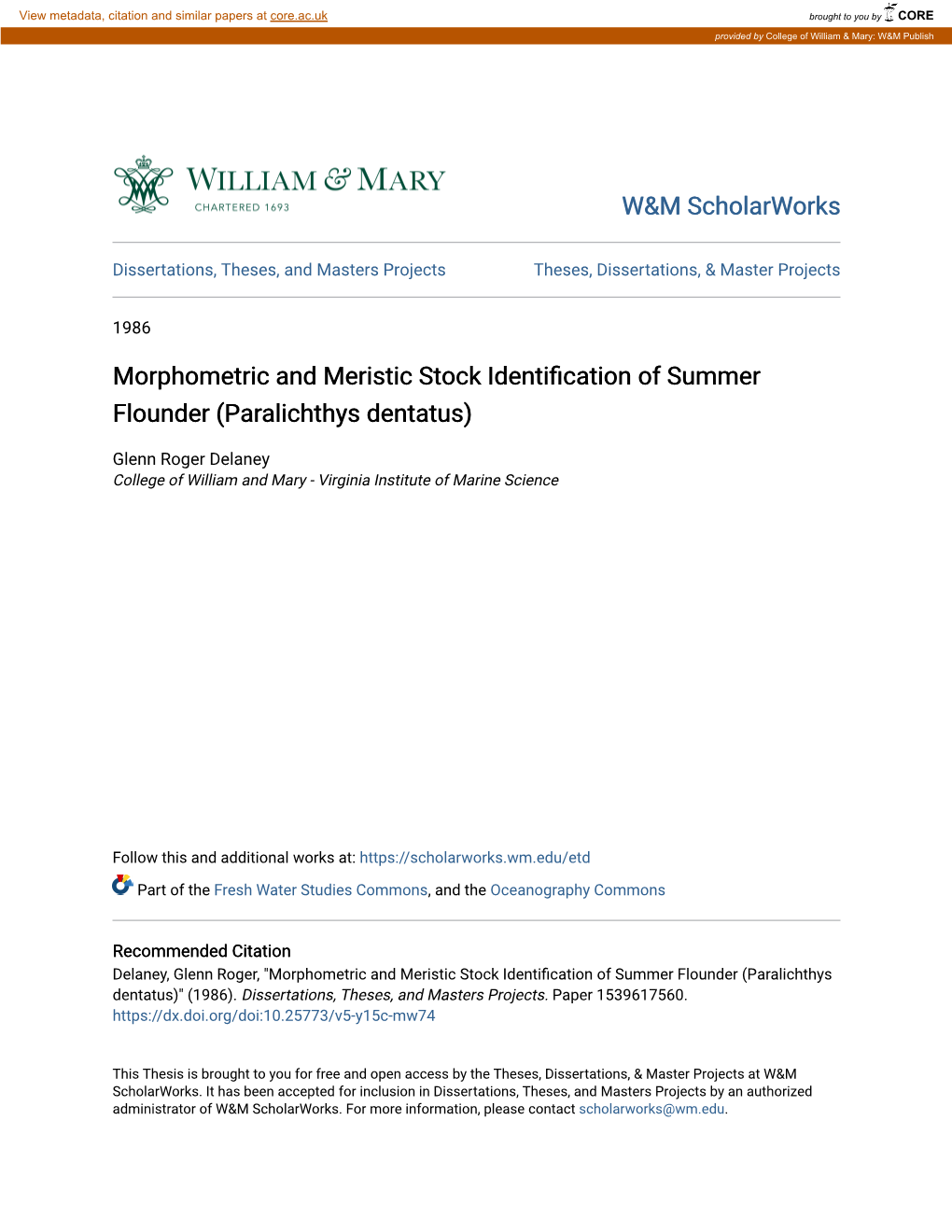Morphometric and Meristic Stock Identification of Summer Flounder (Paralichthys Dentatus)