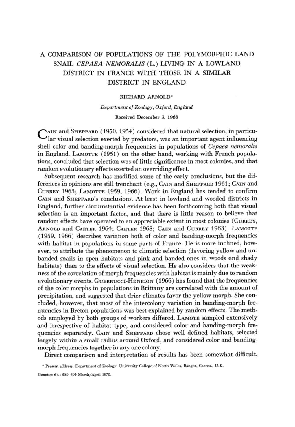 A Comparison of Populations of the Polymorphic Land Snail Cepaea Nemoralis (L.) Living in a Lowland District in France with Those in a Similar District in England