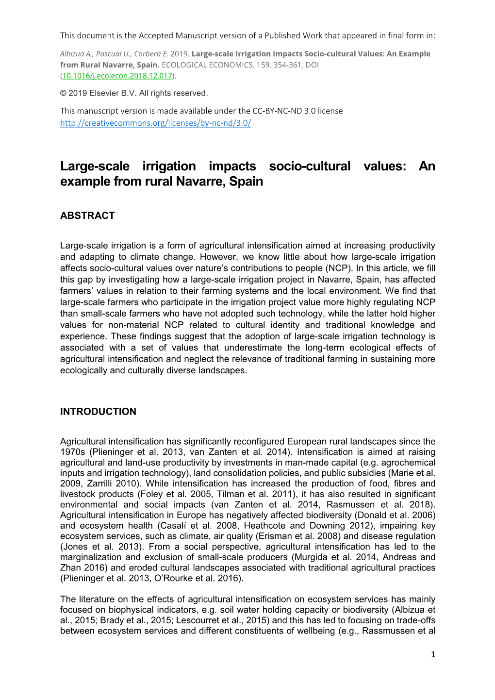 Large-Scale Irrigation Impacts Socio-Cultural Values: an Example from Rural Navarre, Spain
