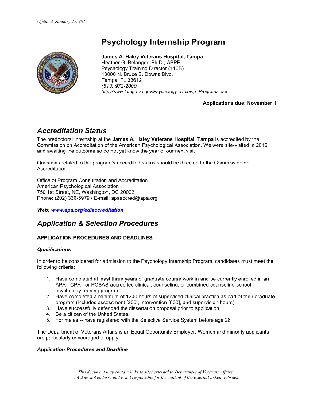 James A. Haley Veterans Hospital, Tampa Psychology Internship- U.S. Department of Veterans