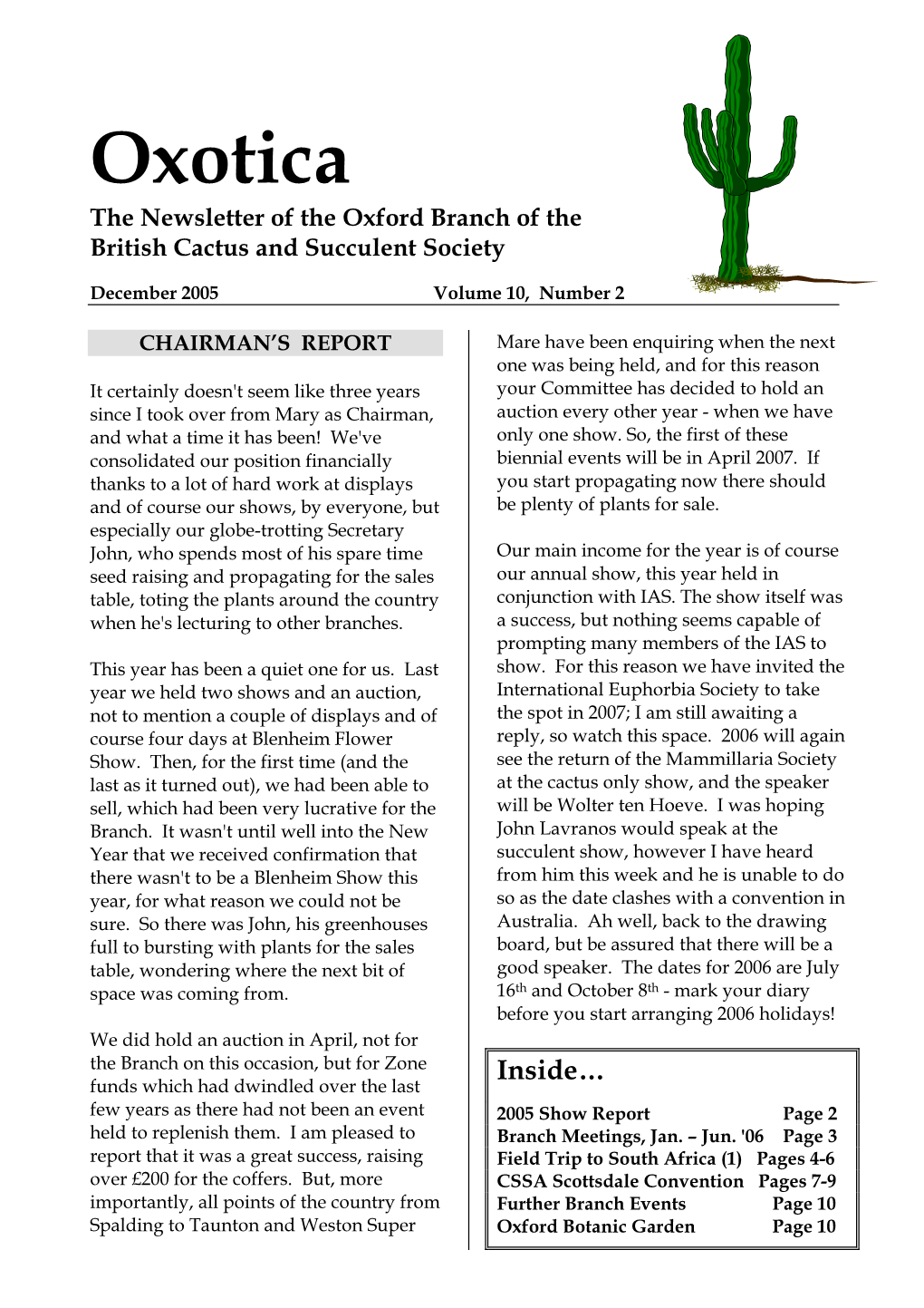 Oxotica the Newsletter of the Oxford Branch of the British Cactus and Succulent Society