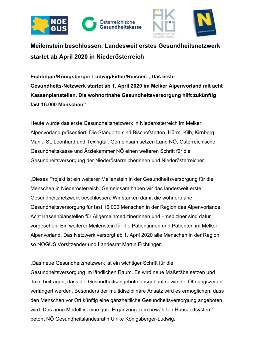 Landesweit Erstes Gesundheitsnetzwerk Startet Ab April 2020 in Niederösterreich