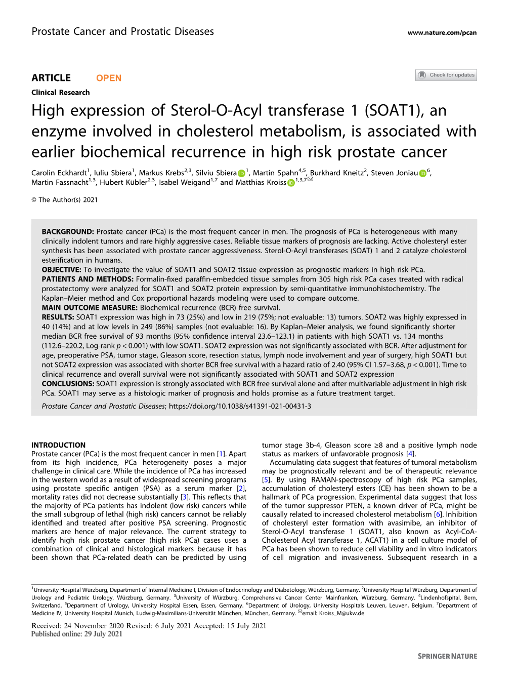 (SOAT1), an Enzyme Involved in Cholesterol Metabolism, Is Associated with Earlier Biochemical Recurrence in High Risk Prostate Cancer