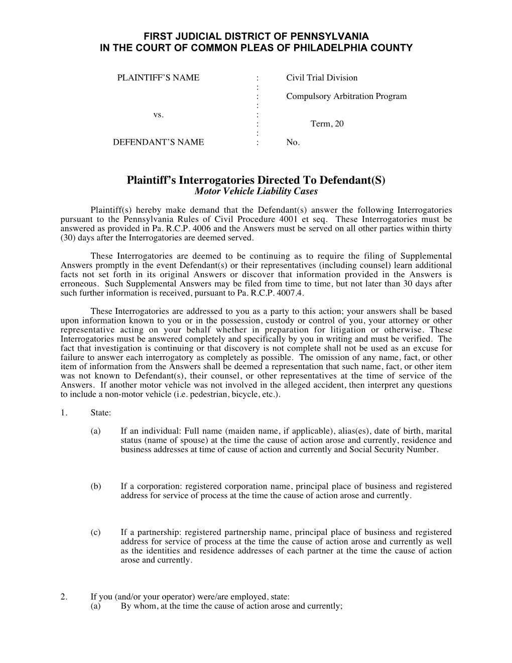 Plaintiff's Interrogatories Directed to Defendant(S)