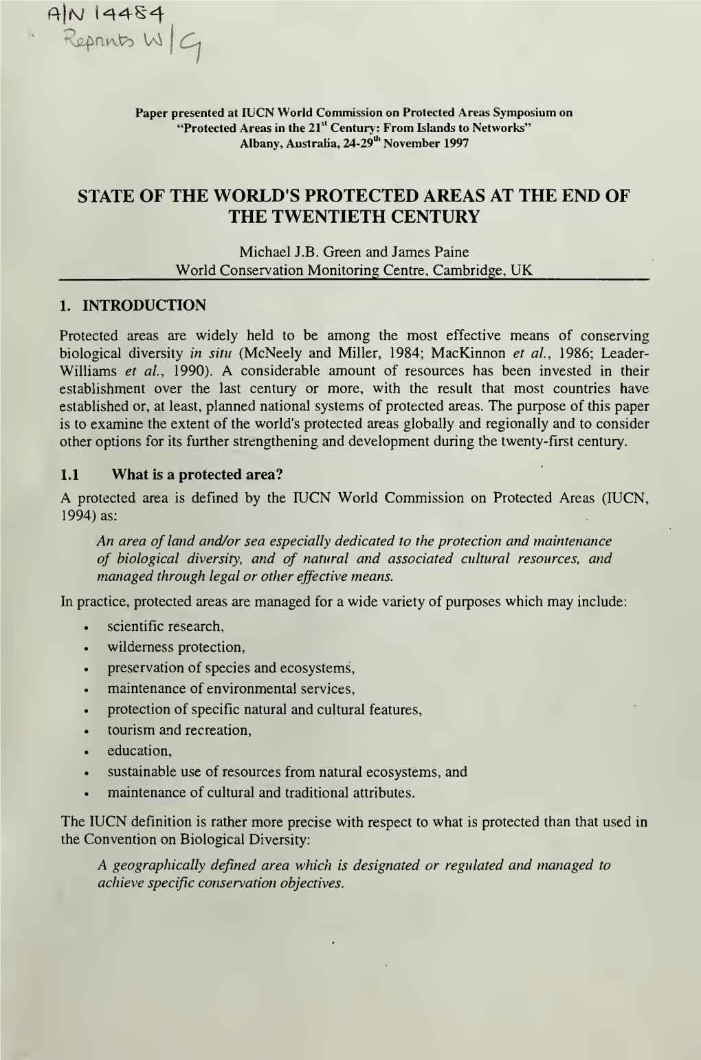 State of the World's Protected Areas at the End of the Twentieth Century