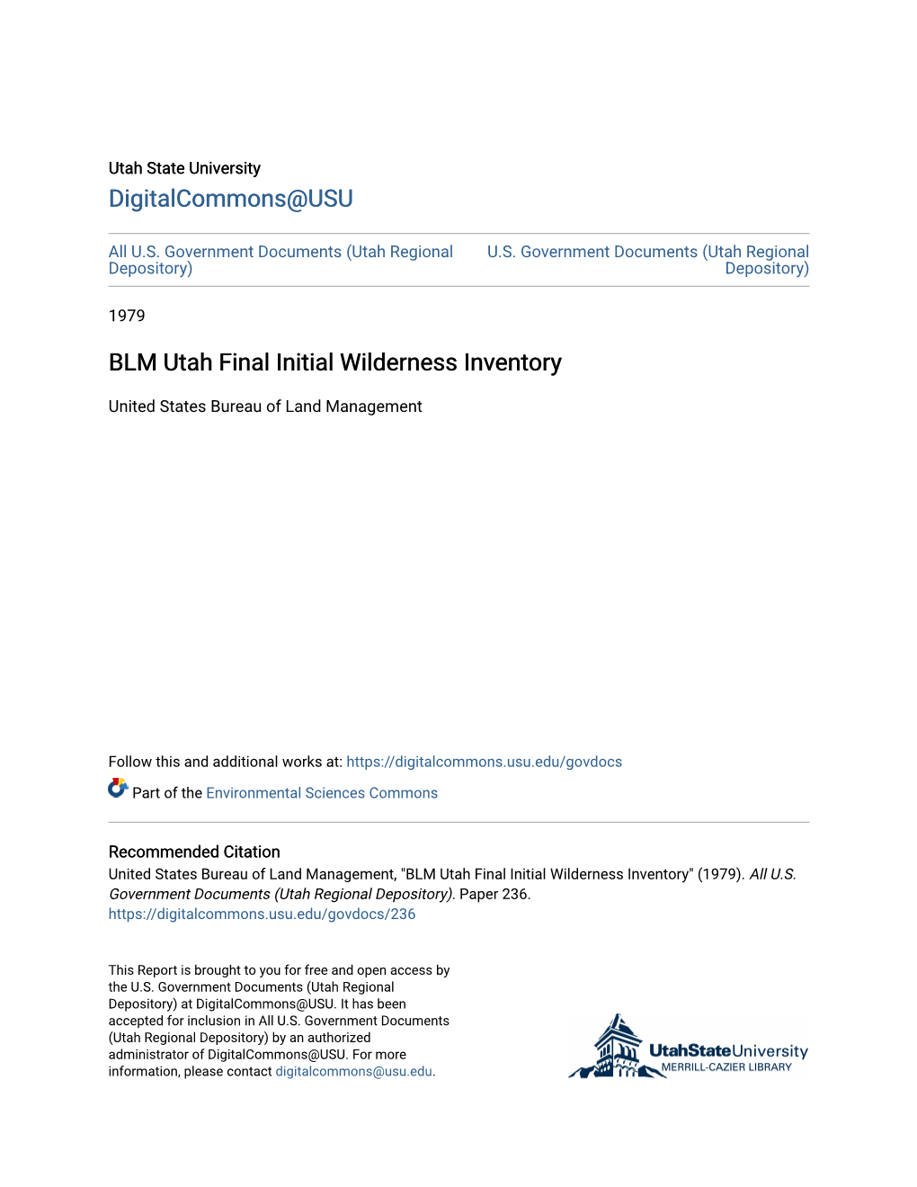 BLM Utah Final Initial Wilderness Inventory