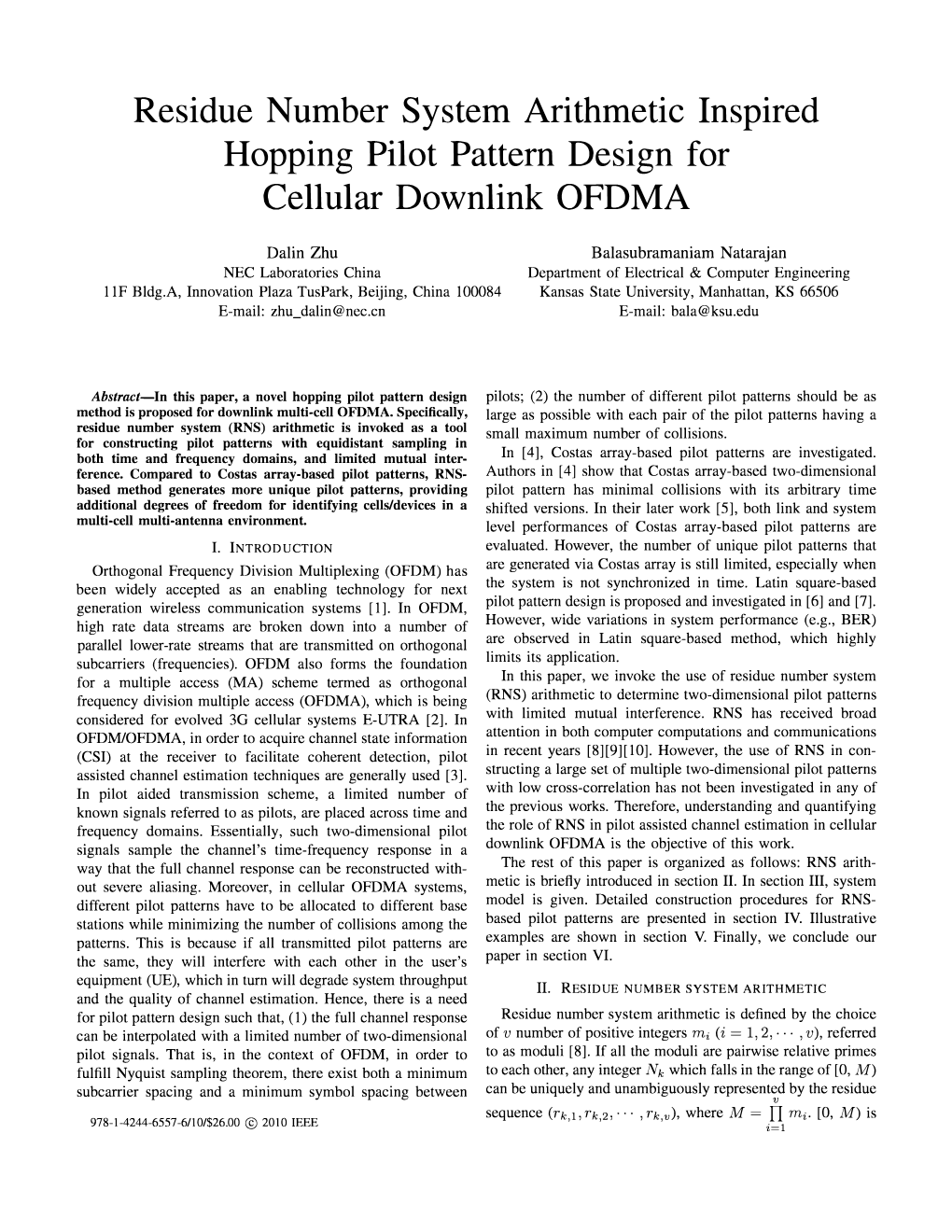 Residue Number System Arithmetic Inspired Hopping Pilot Pattern Design for Cellular Downlink OFDMA