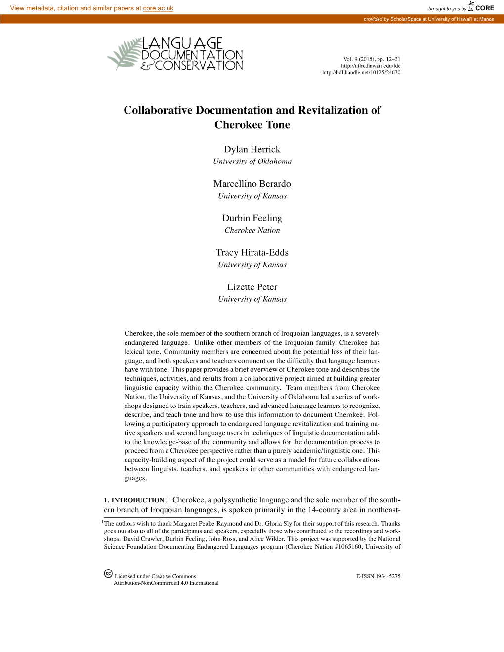 Collaborative Documentation and Revitalization of Cherokee Tone