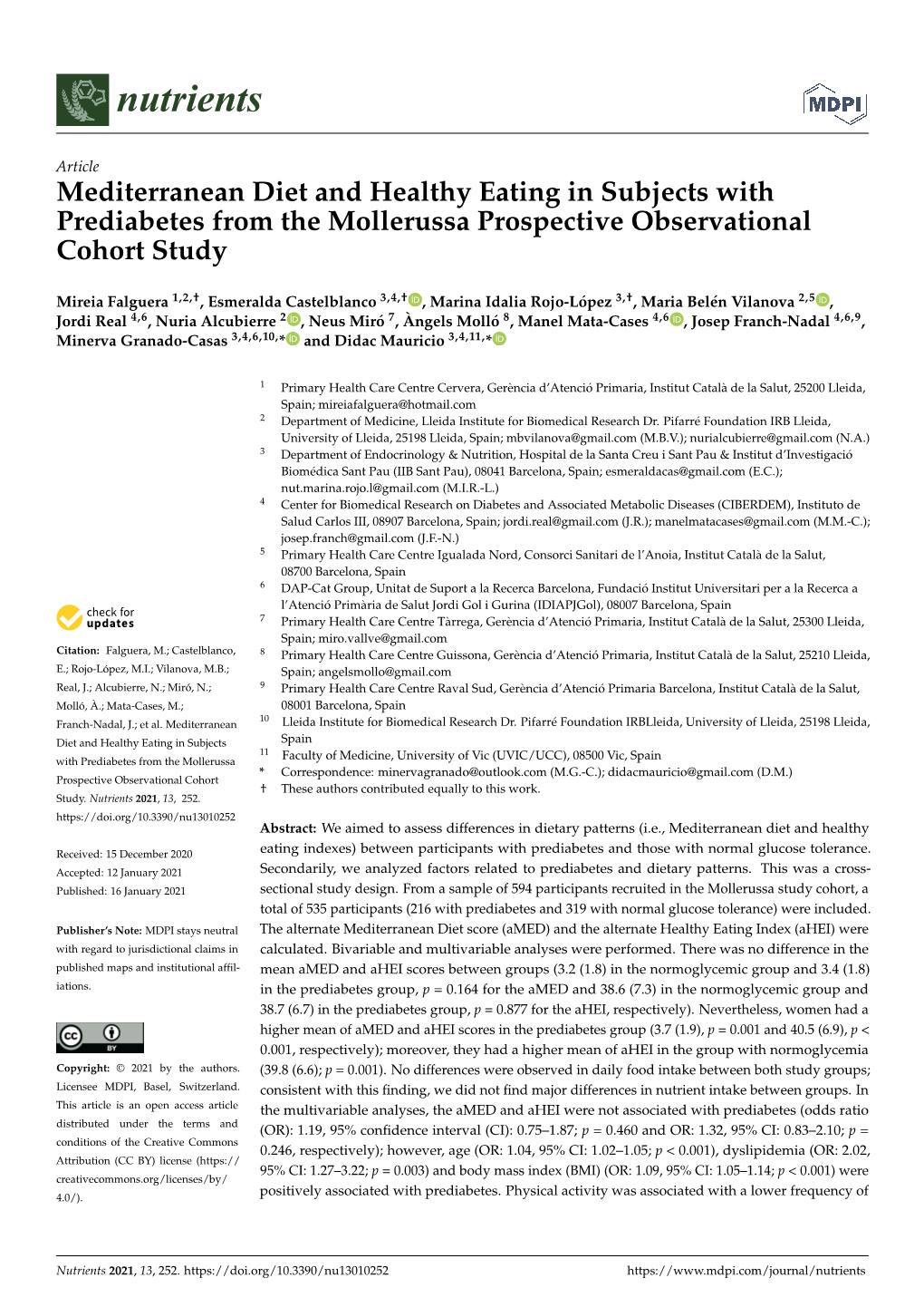 Mediterranean Diet and Healthy Eating in Subjects with Prediabetes from the Mollerussa Prospective Observational Cohort Study