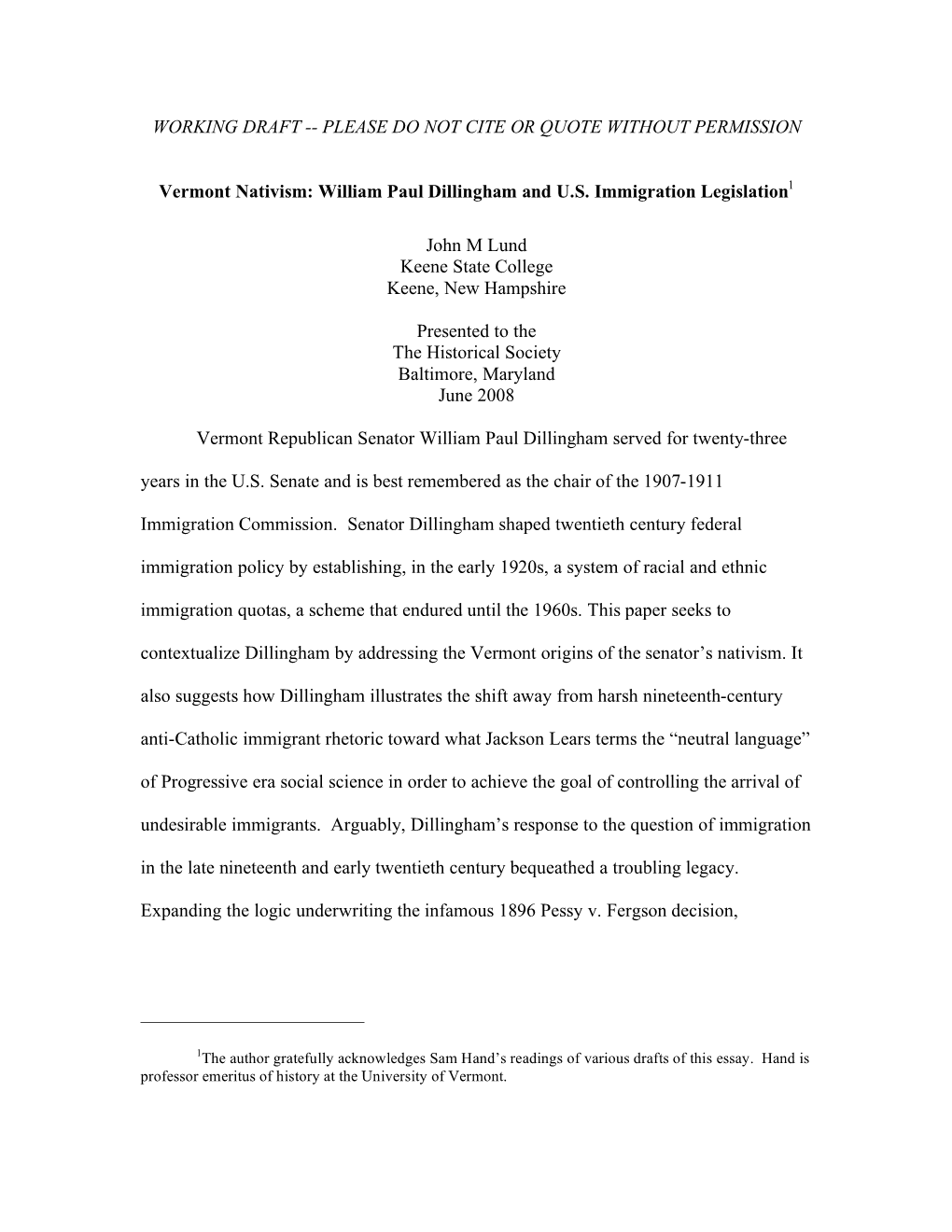 Vermont Nativism: William Paul Dillingham and US Immigration