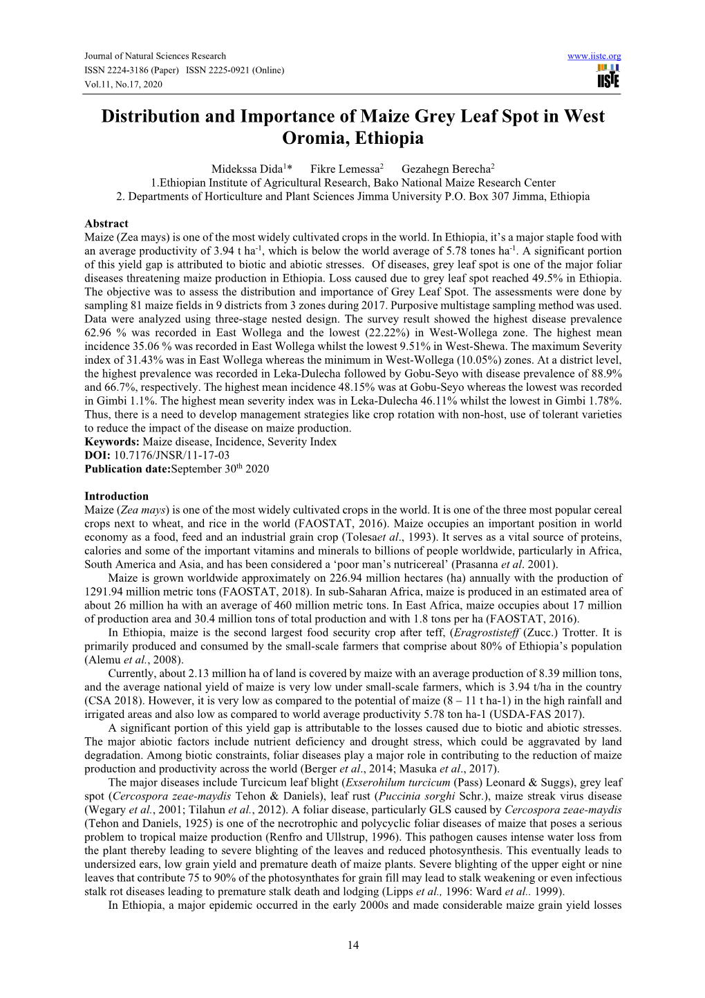 Distribution and Importance of Maize Grey Leaf Spot in West Oromia, Ethiopia