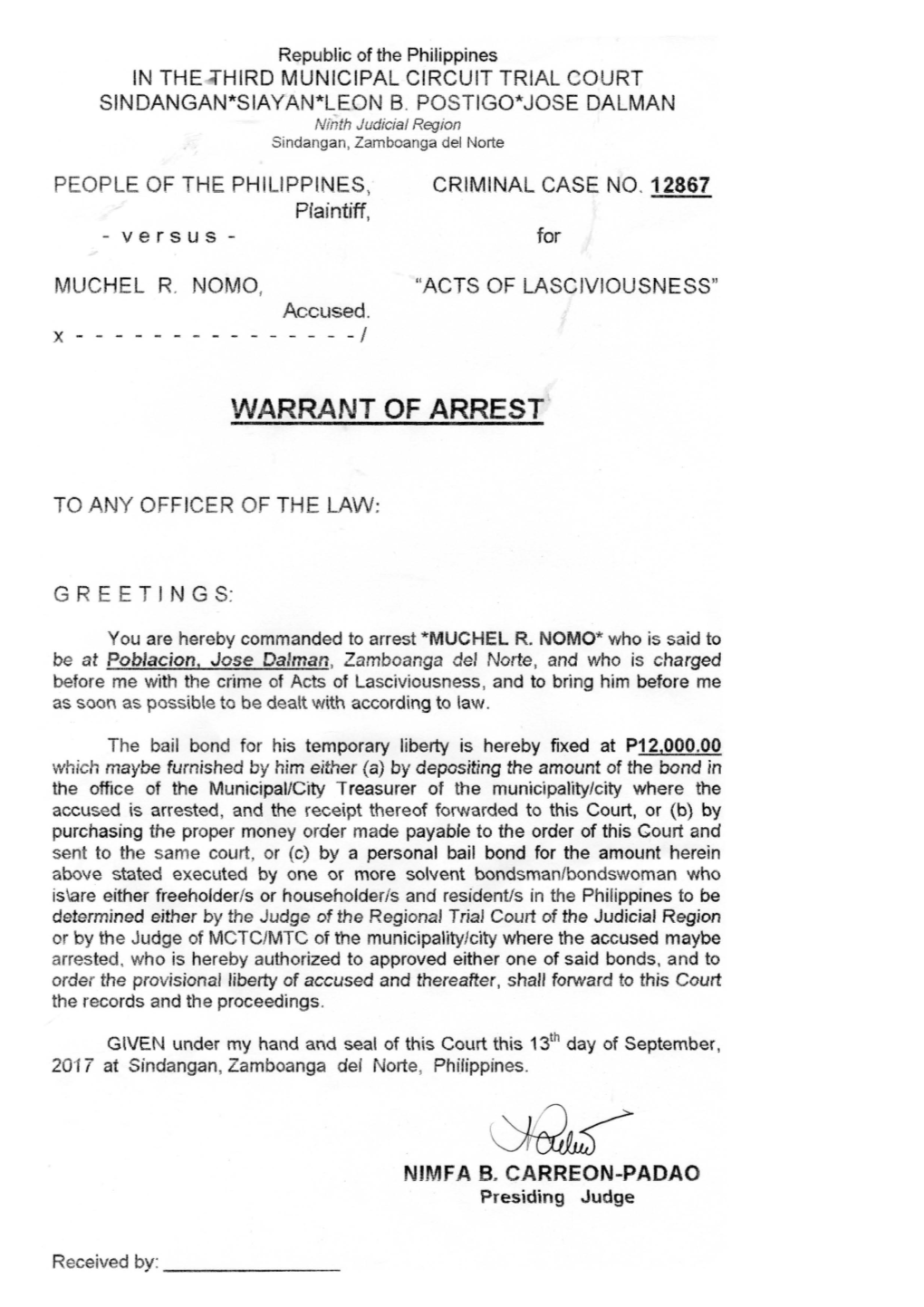 Warrant of Arrest