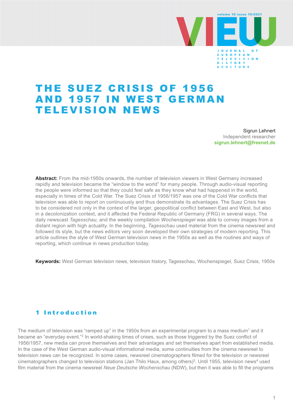 The Suez Crisis of 1956 and 1957 in West German Television News