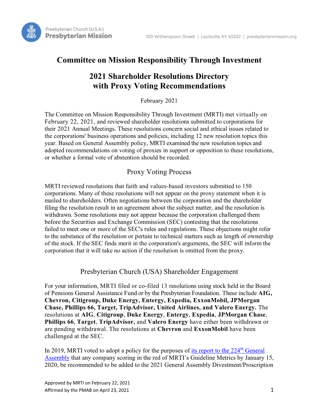 Committee on Mission Responsibility Through Investment 2021 Shareholder Resolutions Directory with Proxy Voting Recommendations