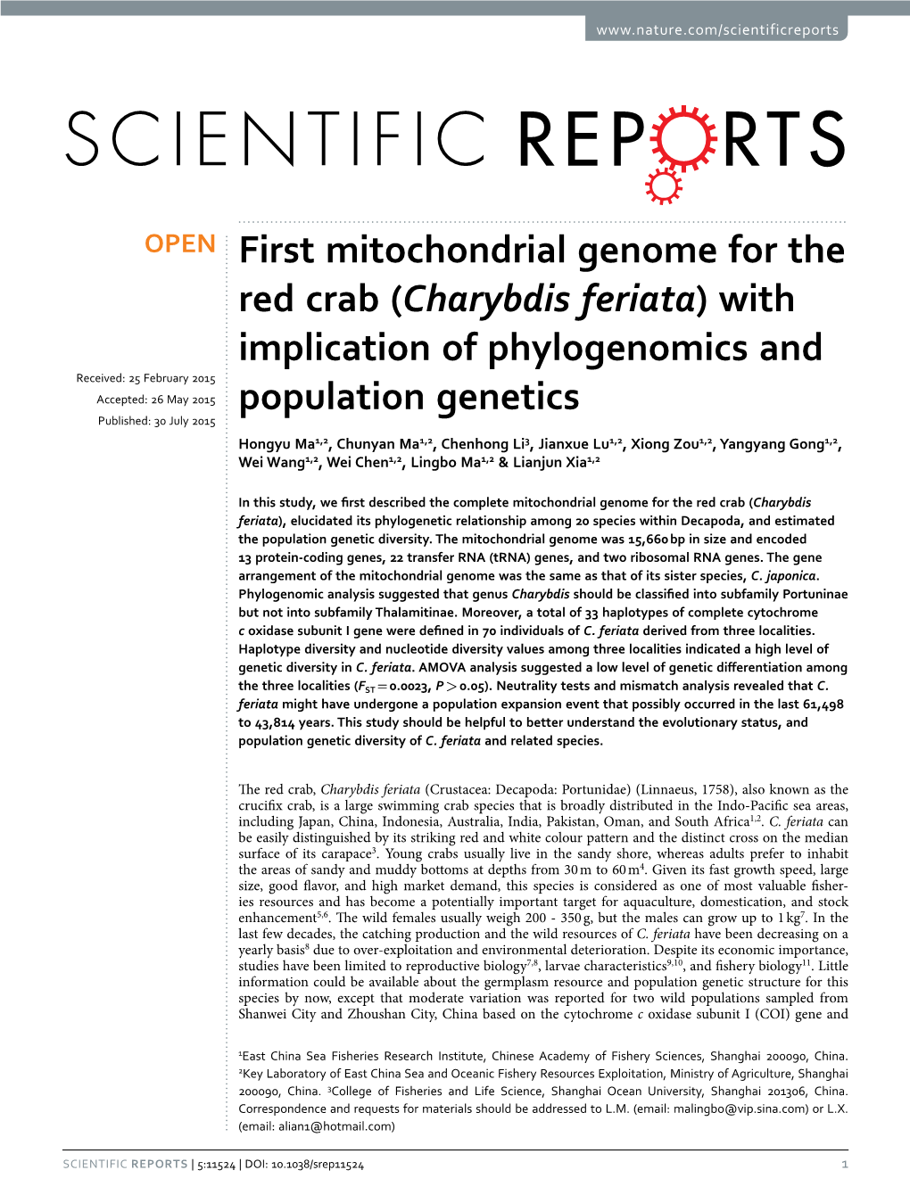 First Mitochondrial Genome for the Red Crab (Charybdis Feriata) With