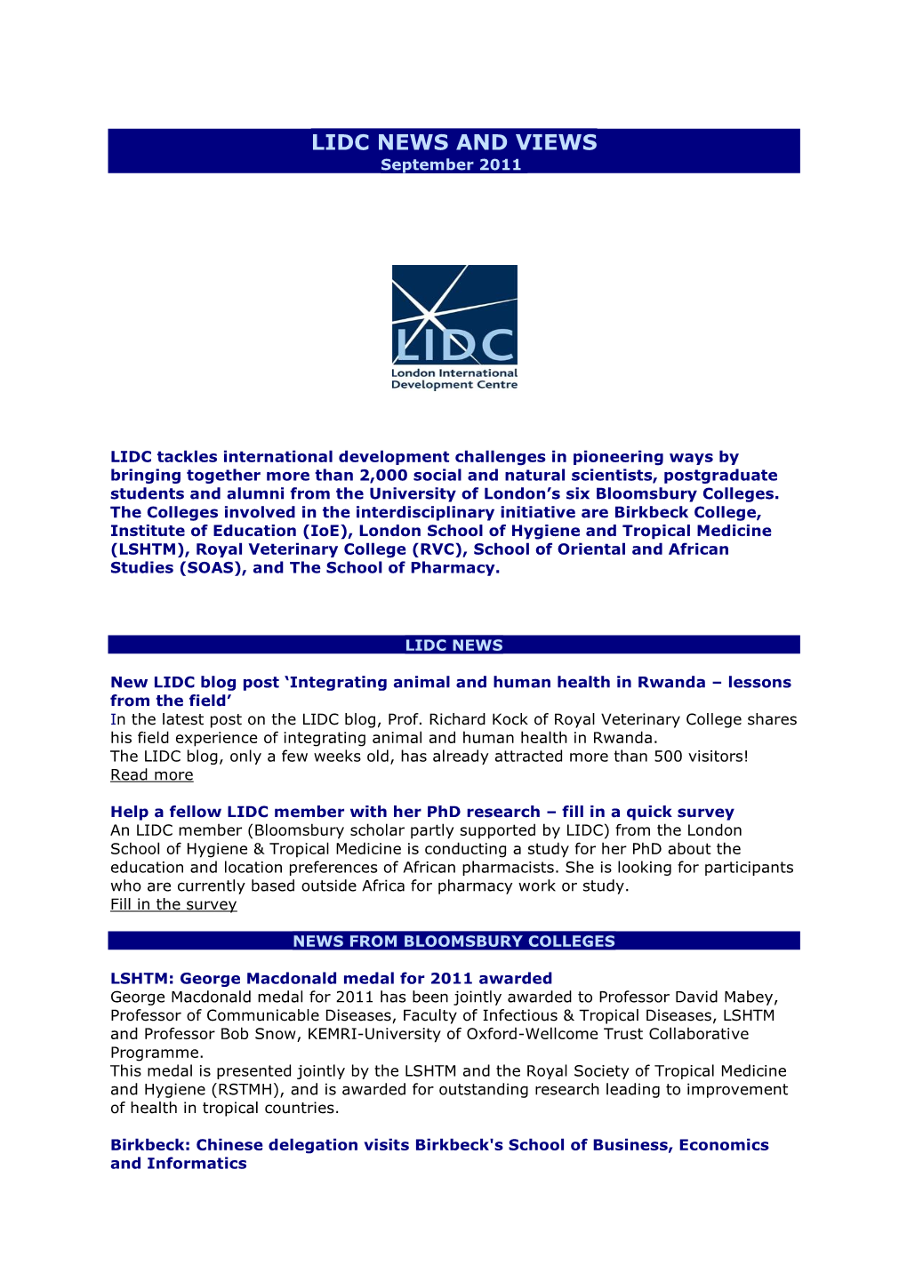LIDC NEWS and VIEWS September 2011
