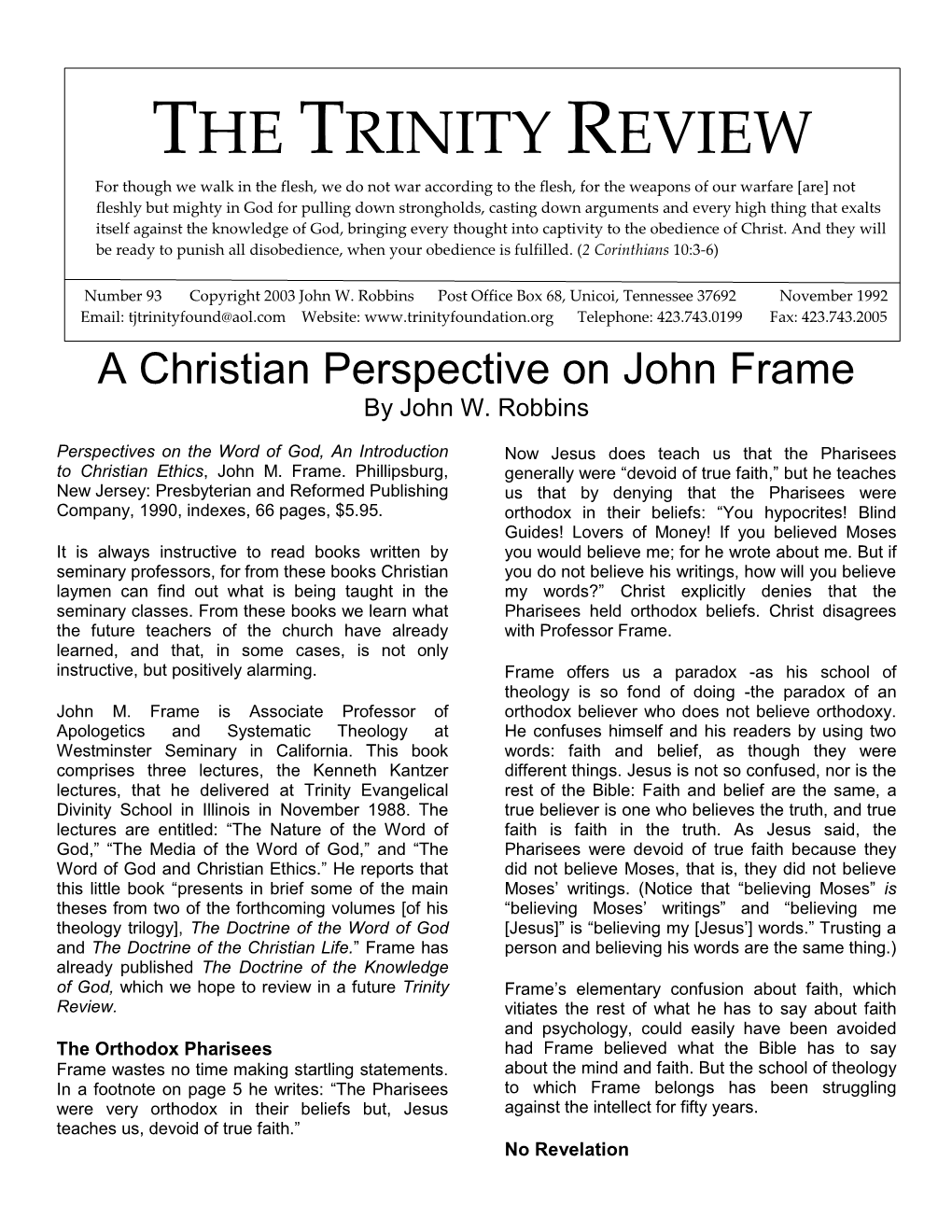 A Christian Perspective on John Frame by John W