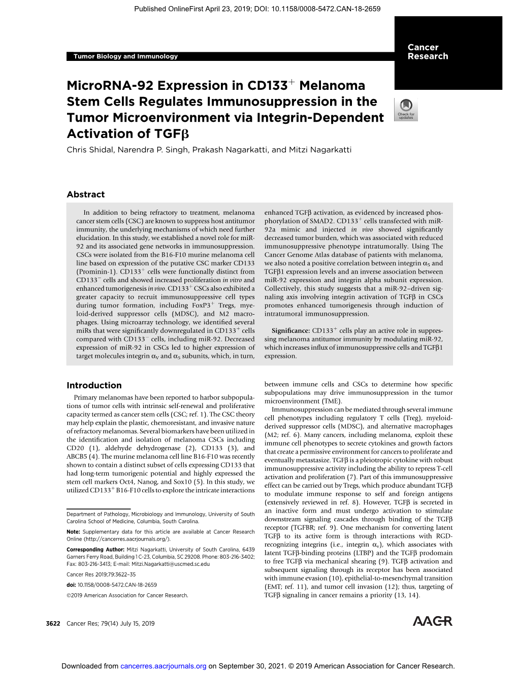 Microrna-92 Expression in CD133 Melanoma Stem Cells Regulates