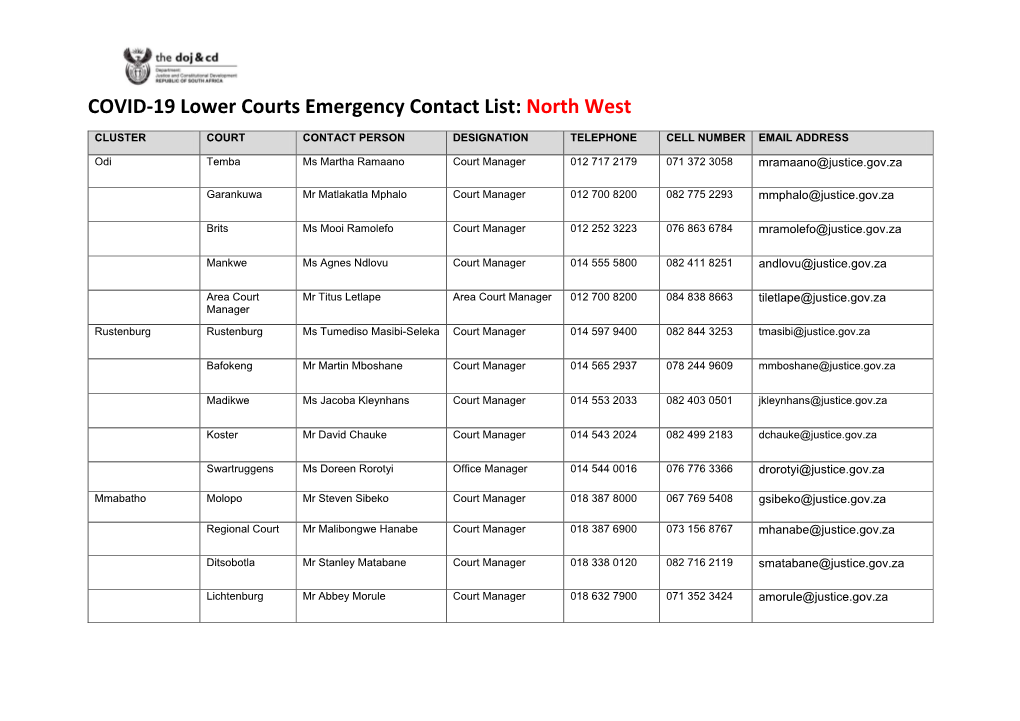 COVID-19 Lower Courts Emergency Contact List: North West