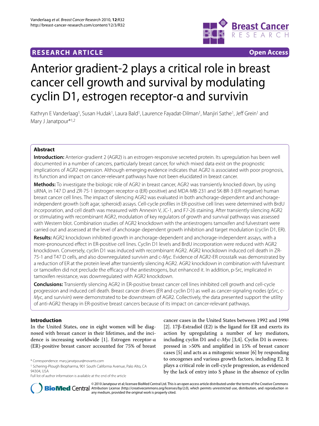 Anterior Gradient-2 Plays a Critical Role in Breast Cancer Cell Growth And