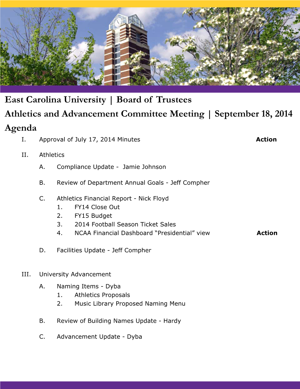 Board of Trustees Athletics and Advancement Committee Meeting | September 18, 2014 Agenda