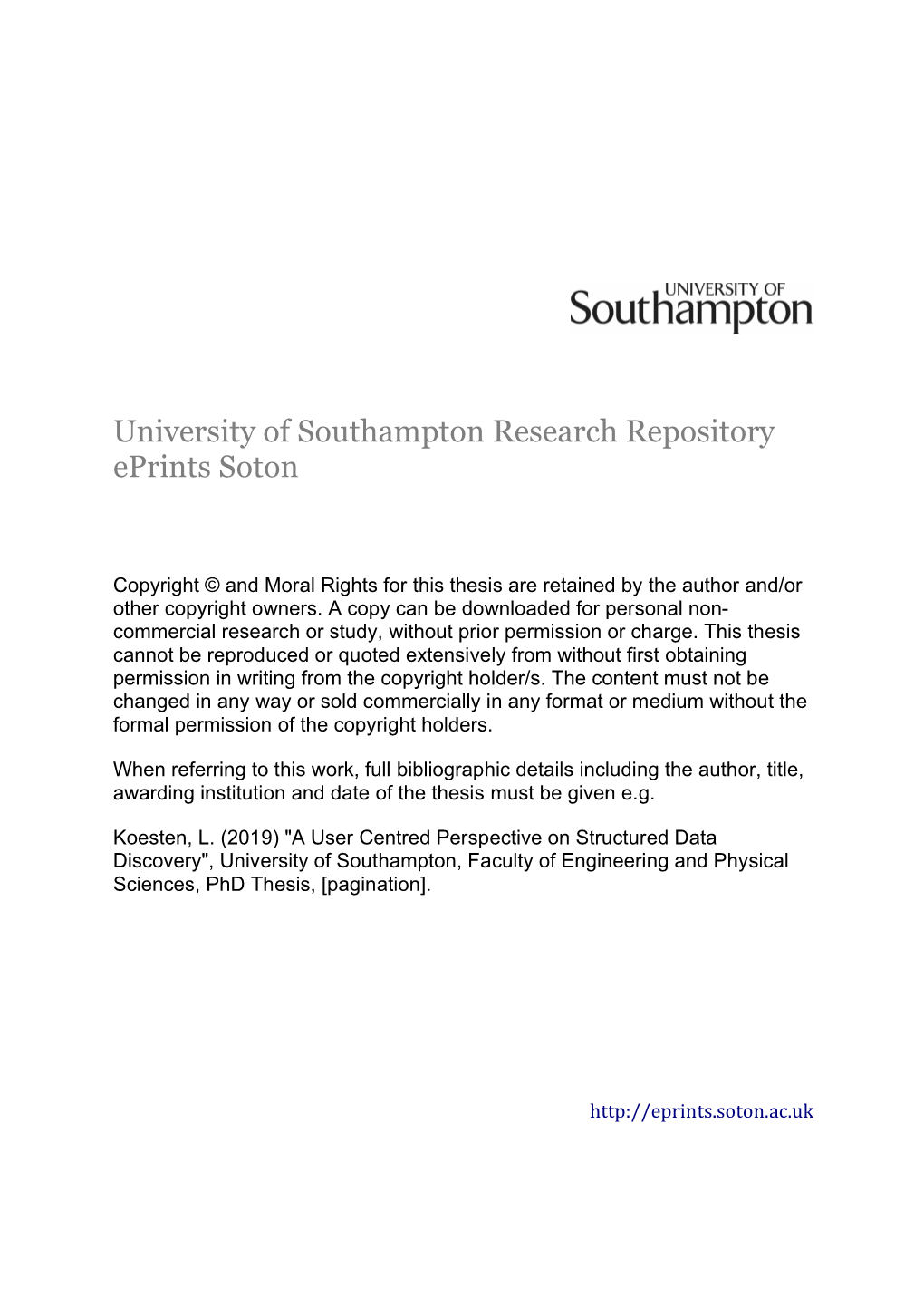 A User Centred Perspective on Structured Data Discovery", University of Southampton, Faculty of Engineering and Physical Sciences, Phd Thesis, [Pagination]
