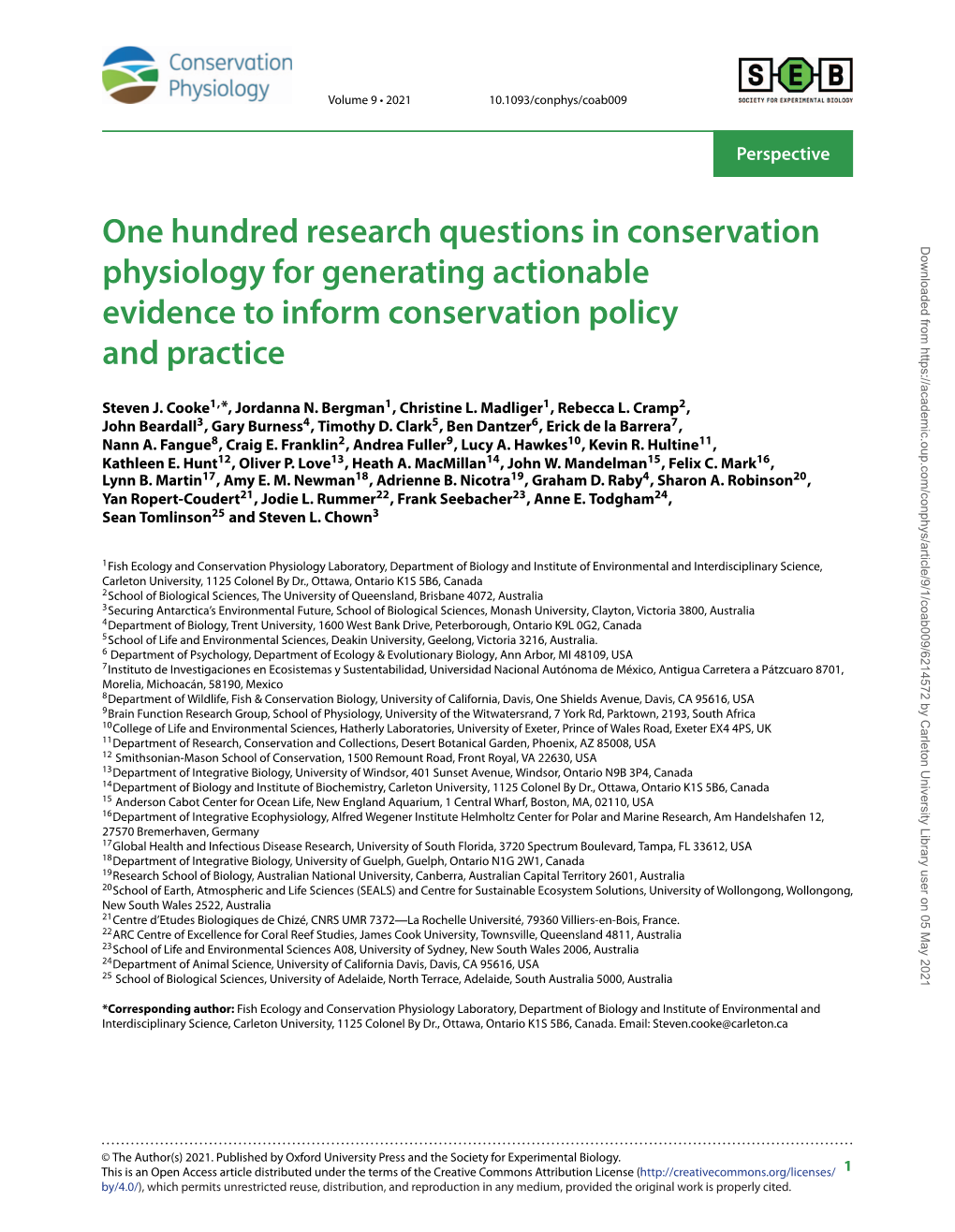 One Hundred Research Questions in Conservation Physiology for Generating Actionable Evidence to Inform Conservation Policy and Practice