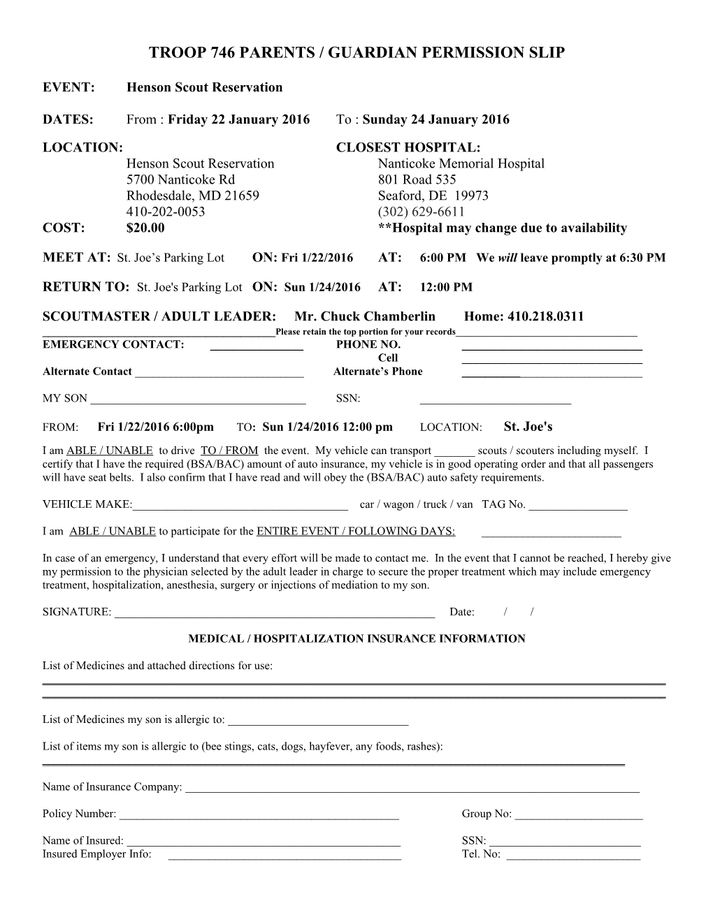 Troop 746 Parents / Guardian Permission Slip