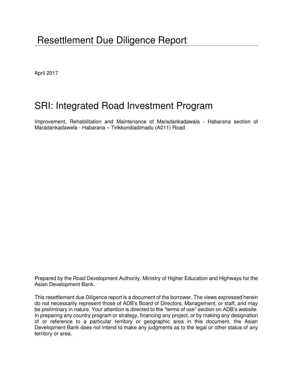 Resettlement Due Diligence Report