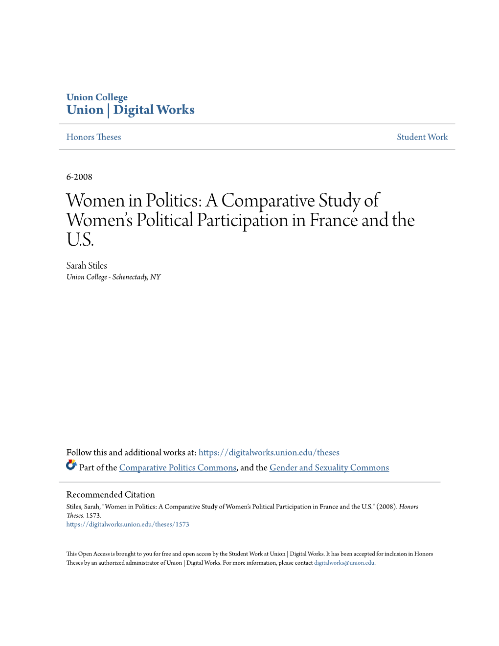 Women in Politics: a Comparative Study of Women’S Political Participation in France and the U.S