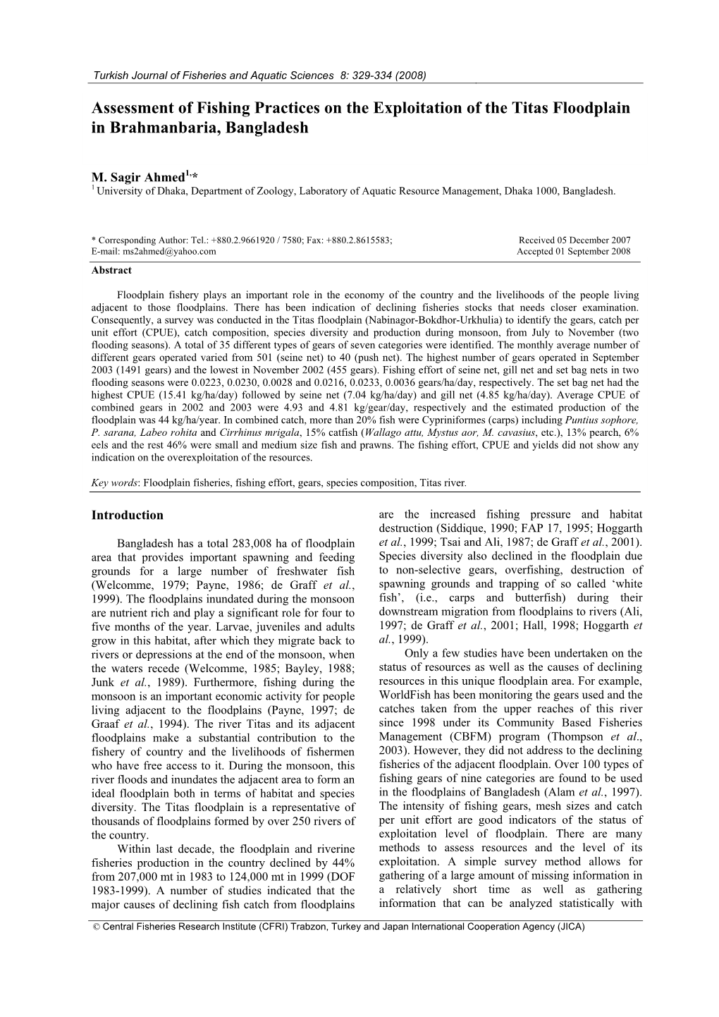 Assessment of Fishing Practices on the Exploitation of the Titas Floodplain in Brahmanbaria, Bangladesh