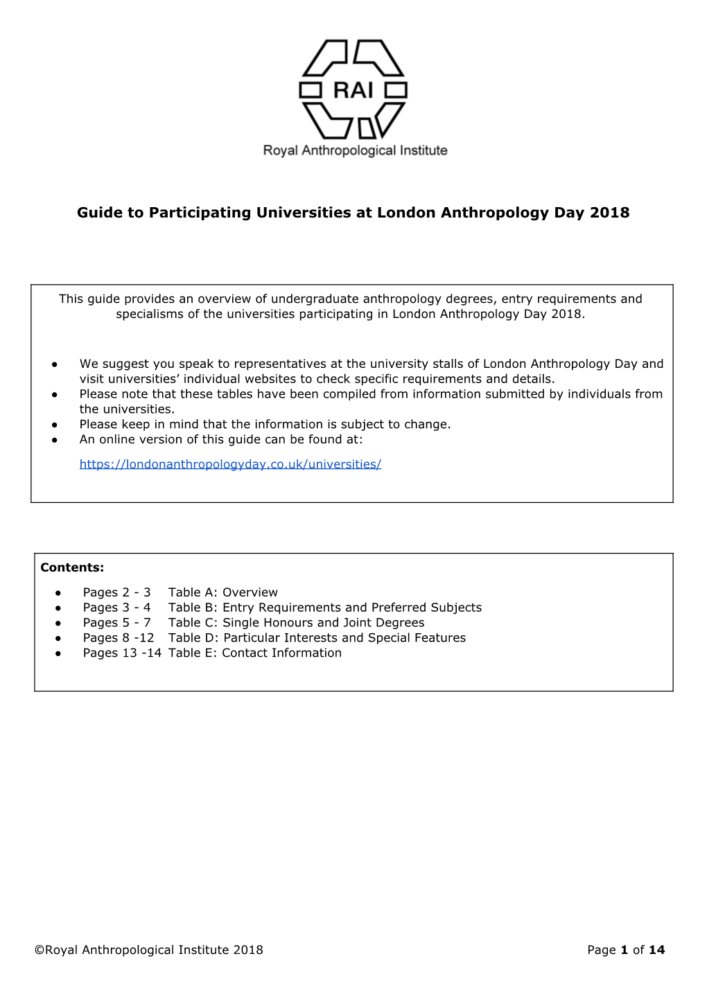 Guide to Participating Universities at London Anthropology Day 2018