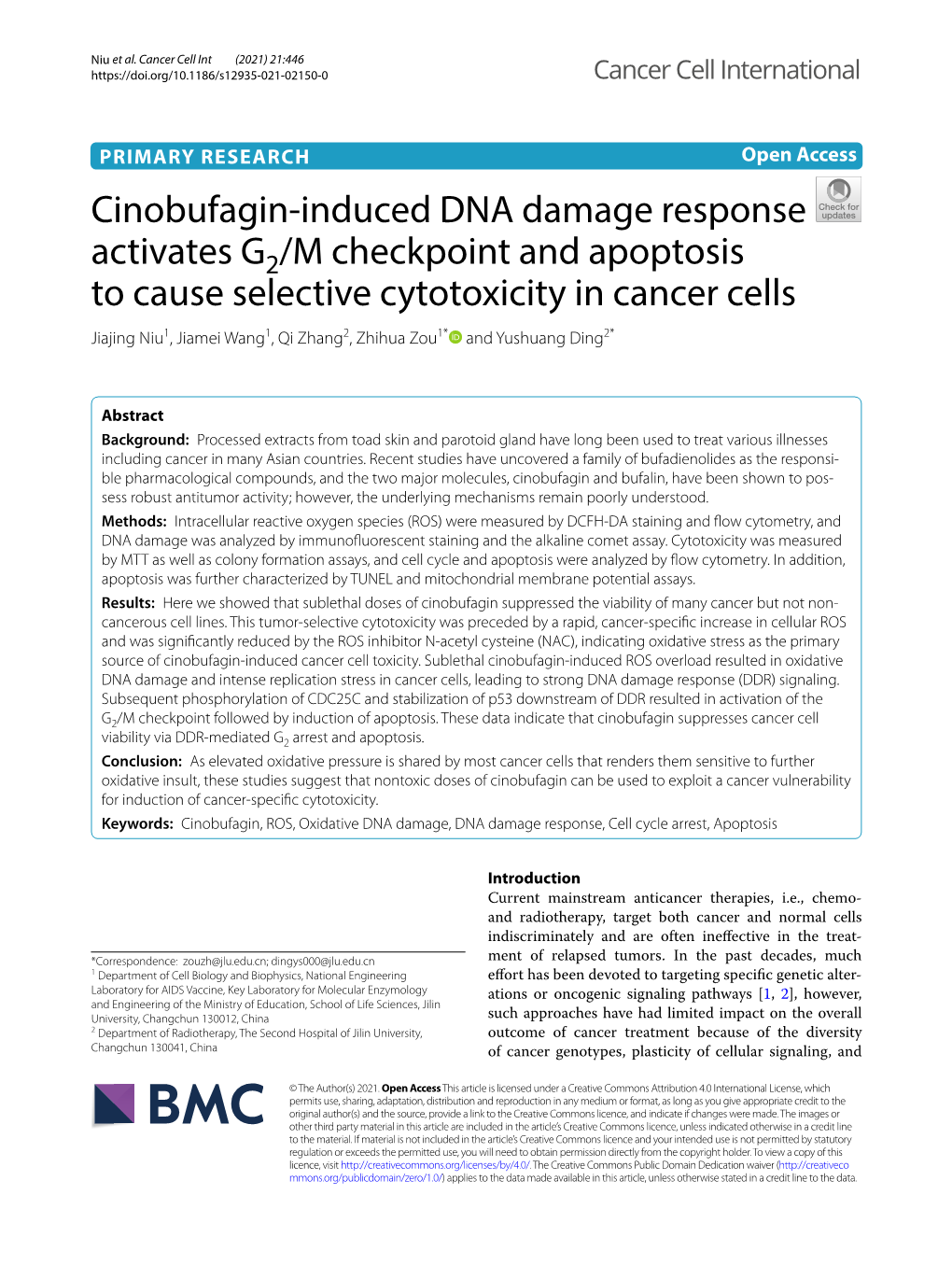 Cinobufagin-Induced DNA Damage Response Activates G2/M Checkpoint and Apoptosis to Cause Selective Cytotoxicity in Cancer Cells