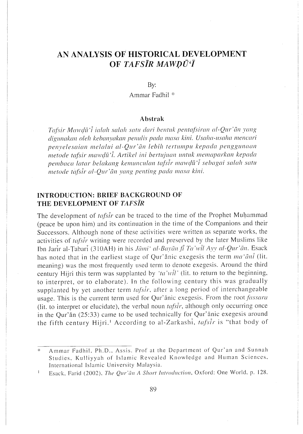 An Analysis of Historical Development of Tafsir Mawdu'i