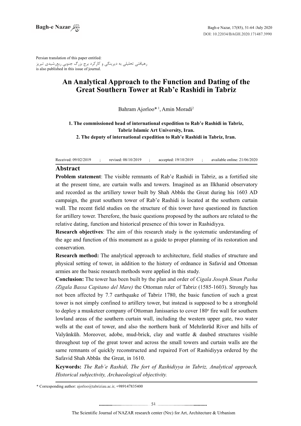 An Analytical Approach to the Function and Dating of the Great Southern Tower at Rab’E Rashidi in Tabriz