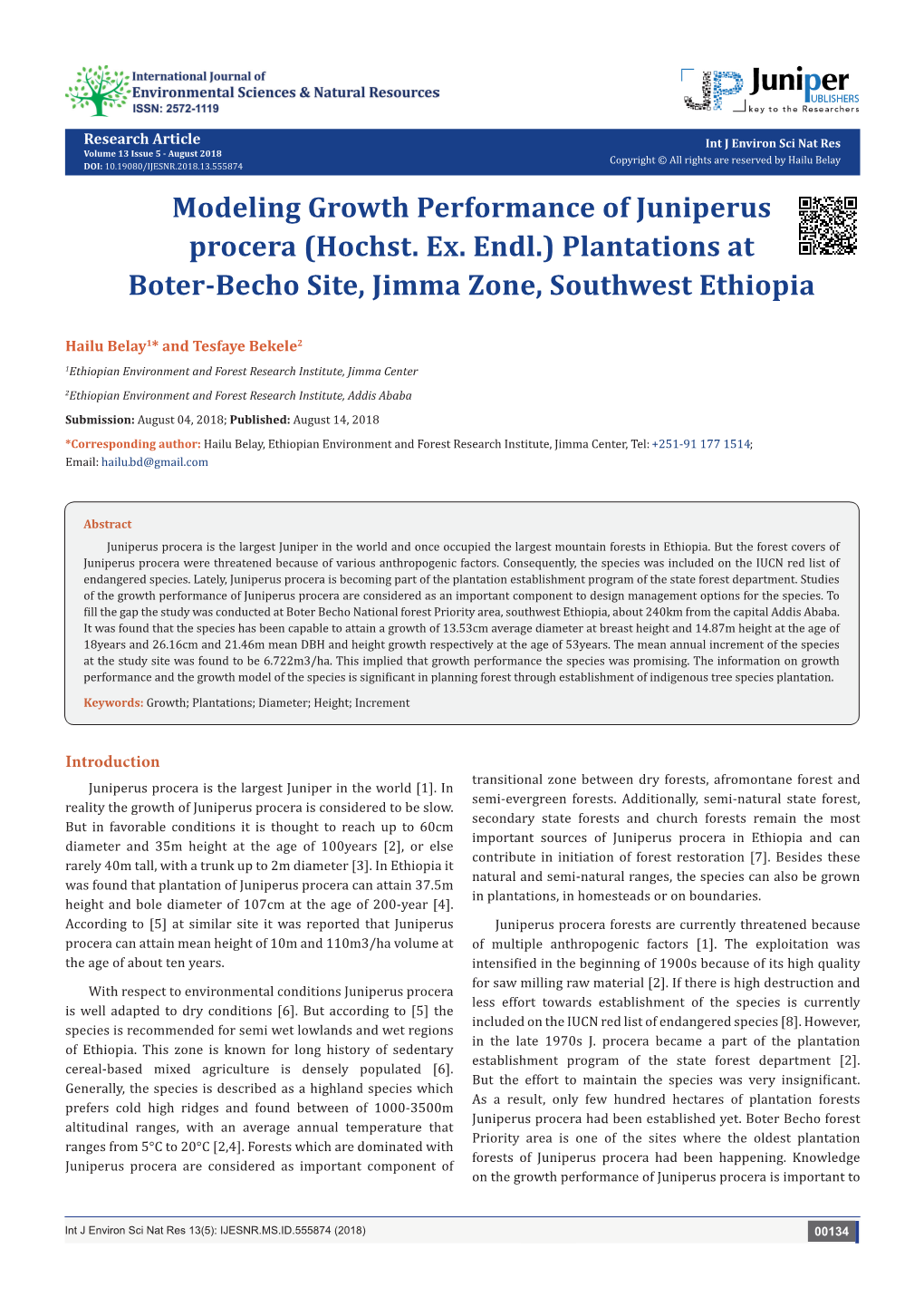 Modeling Growth Performance of Juniperus Procera (Hochst. Ex. Endl.) Plantations at Boter-Becho Site, Jimma Zone, Southwest Ethiopia