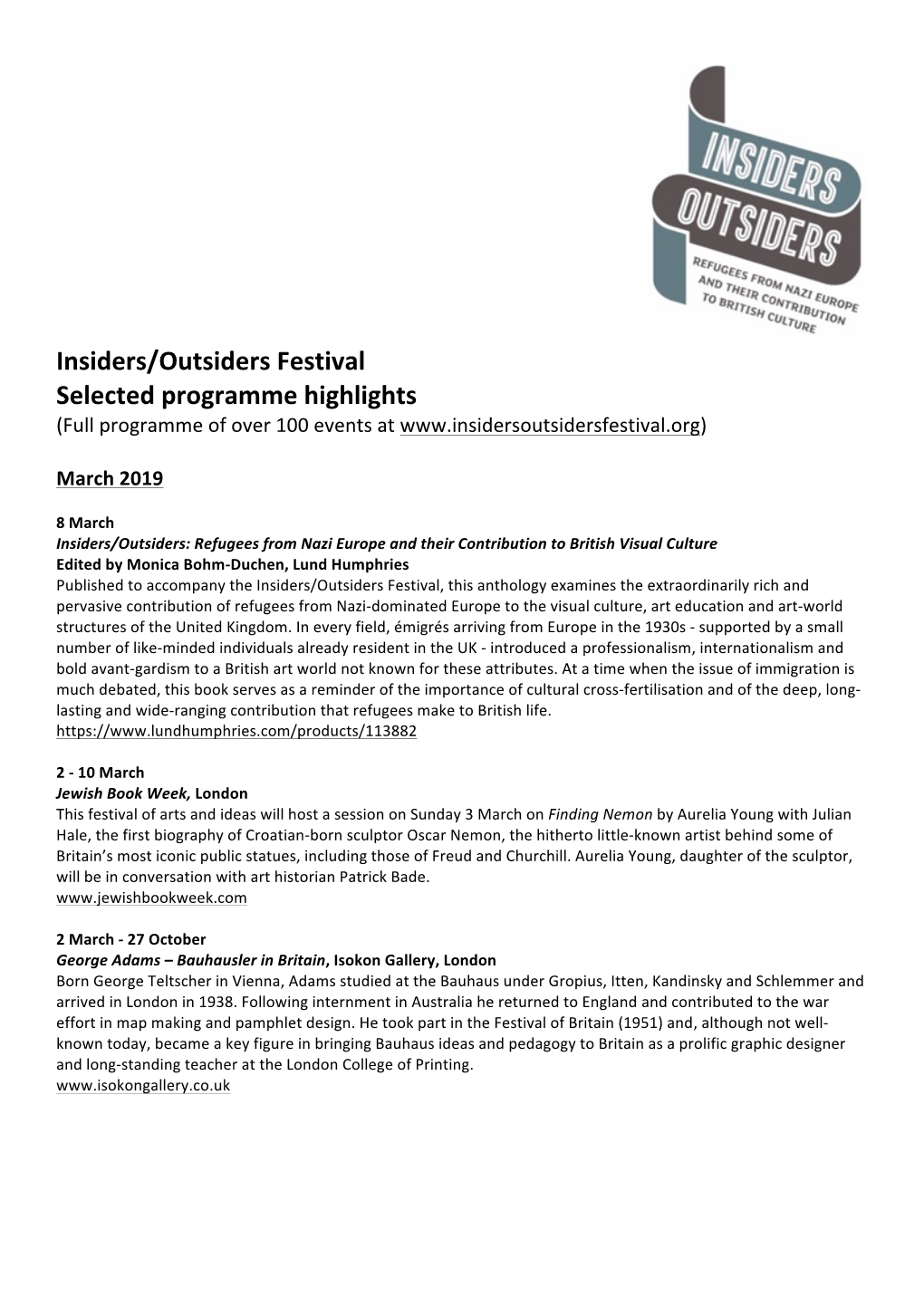 Insiders/Outsiders Festival Selected Programme Highlights (Full Programme of Over 100 Events At