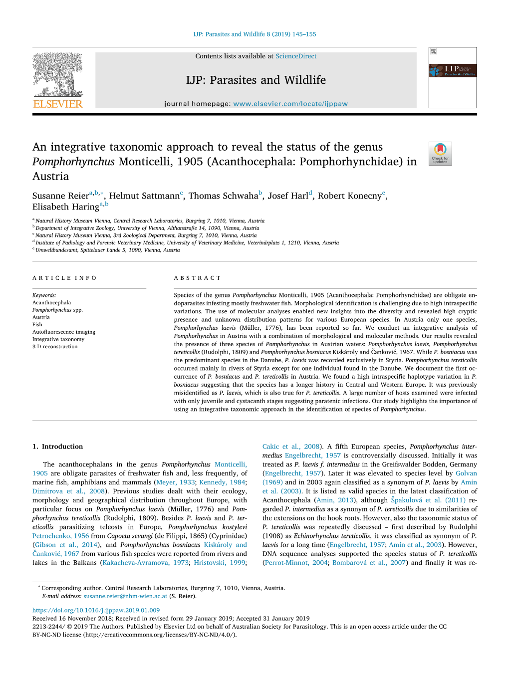 An Integrative Taxonomic Approach to Reveal the Status of the Genus Pomphorhynchus Monticelli, 1905 (Acanthocephala Pomphorhync