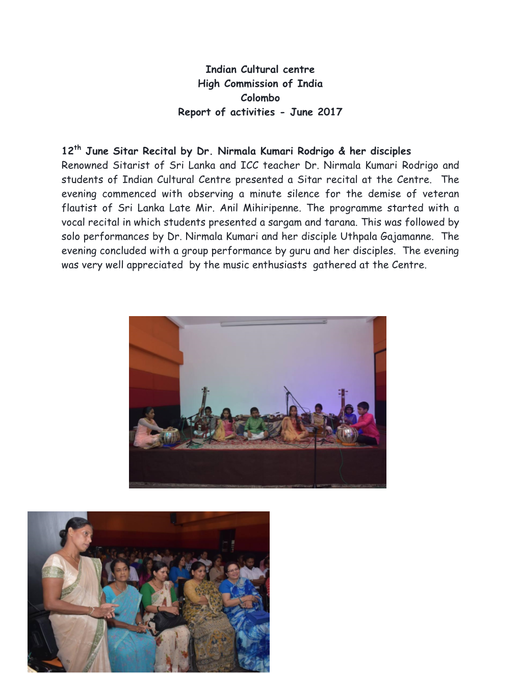 Indian Cultural Centre High Commission of India Colombo Report of Activities - June 2017