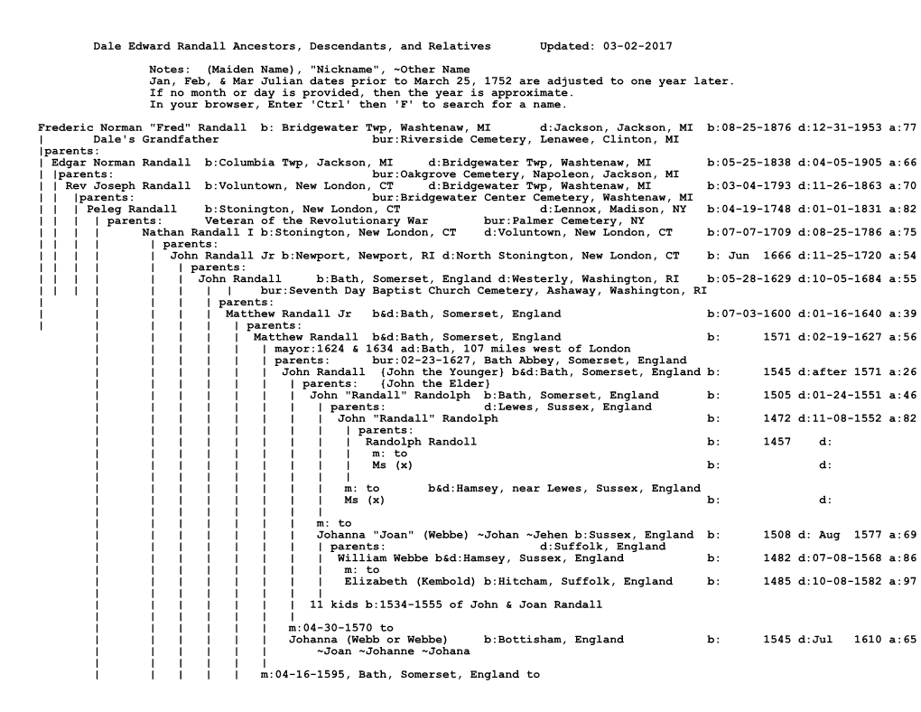 Dale Edward Randall Ancestors, Descendants, and Relatives Updated: 03-02-2017