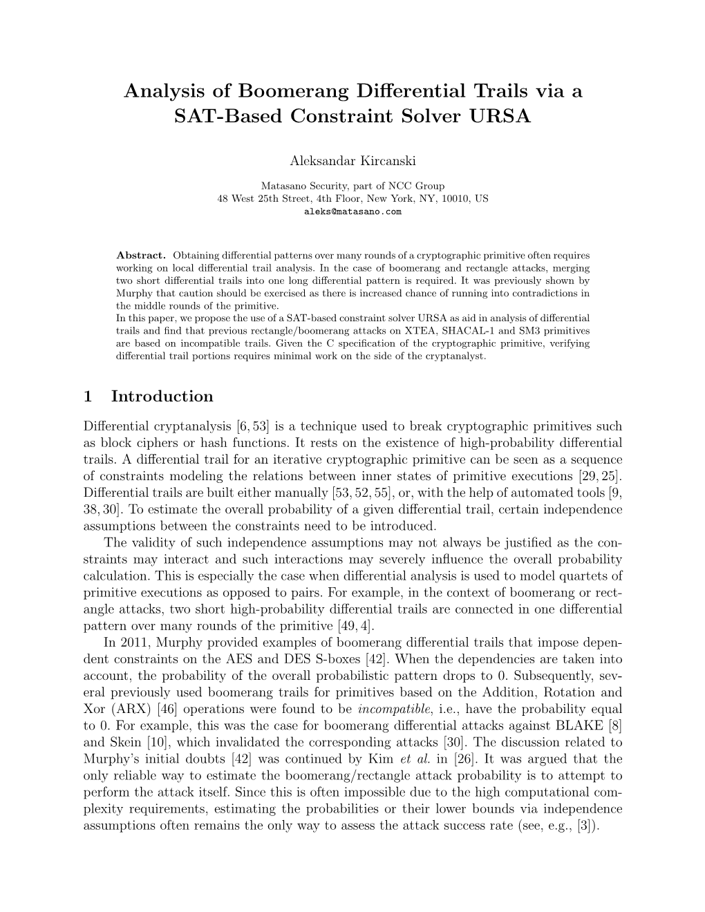 Analysis of Boomerang Di Erential Trails Via a SAT-Based Constraint