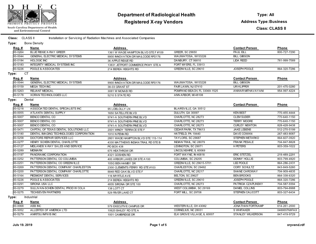 Registered X-Ray Vendors Department of Radiological Health