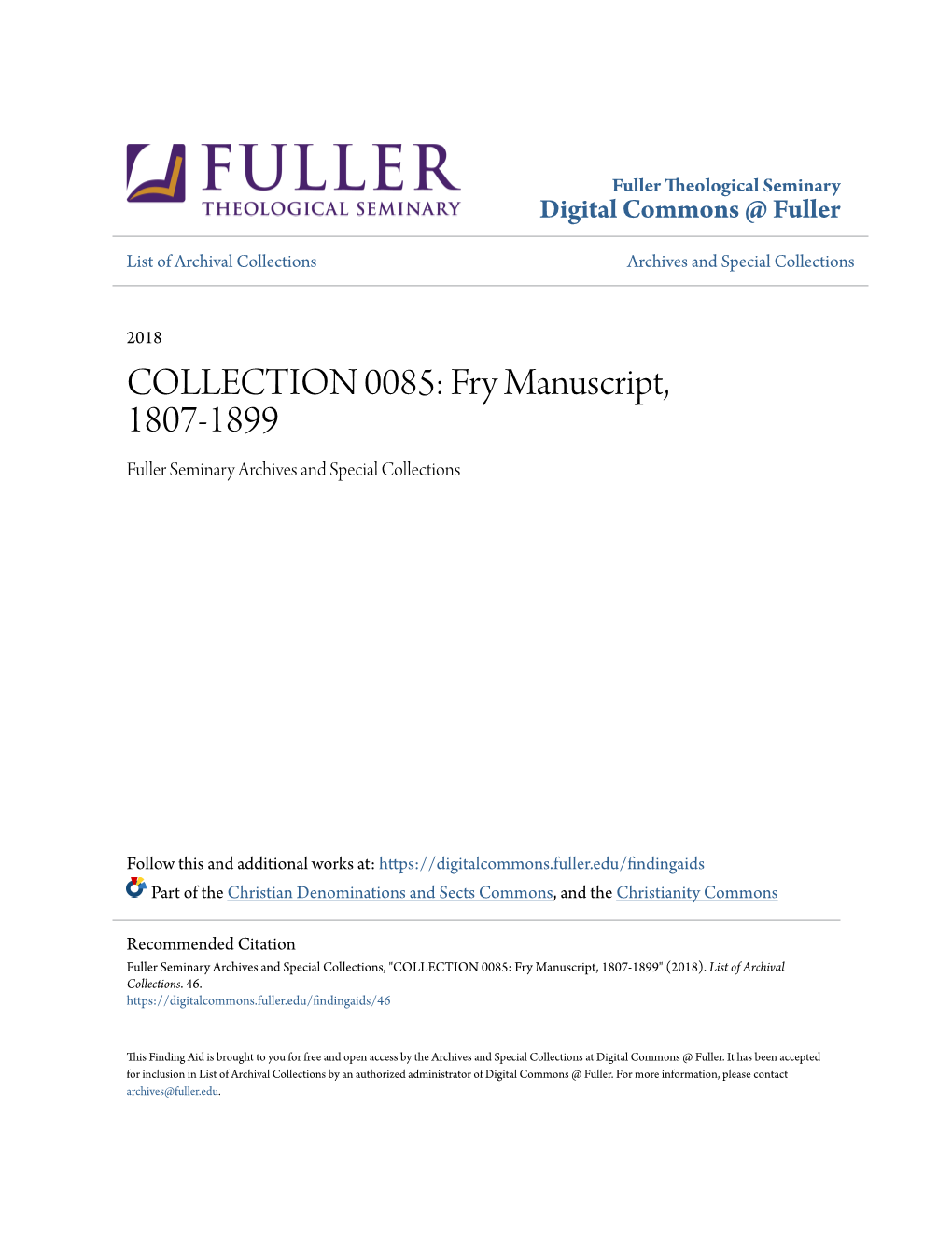 COLLECTION 0085: Fry Manuscript, 1807-1899 Fuller Seminary Archives and Special Collections