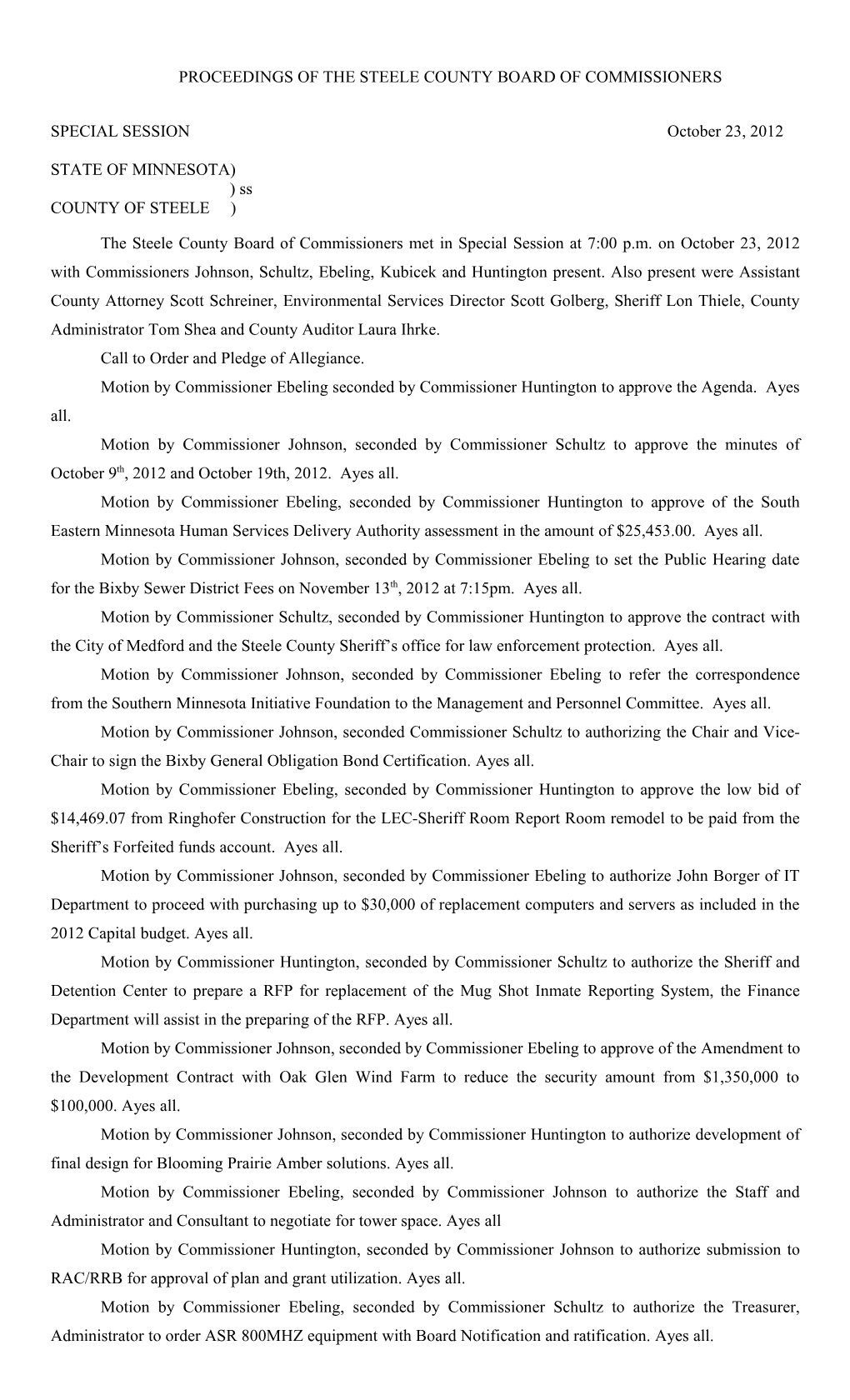 Proceedings of the Steele County Board of Commissioners